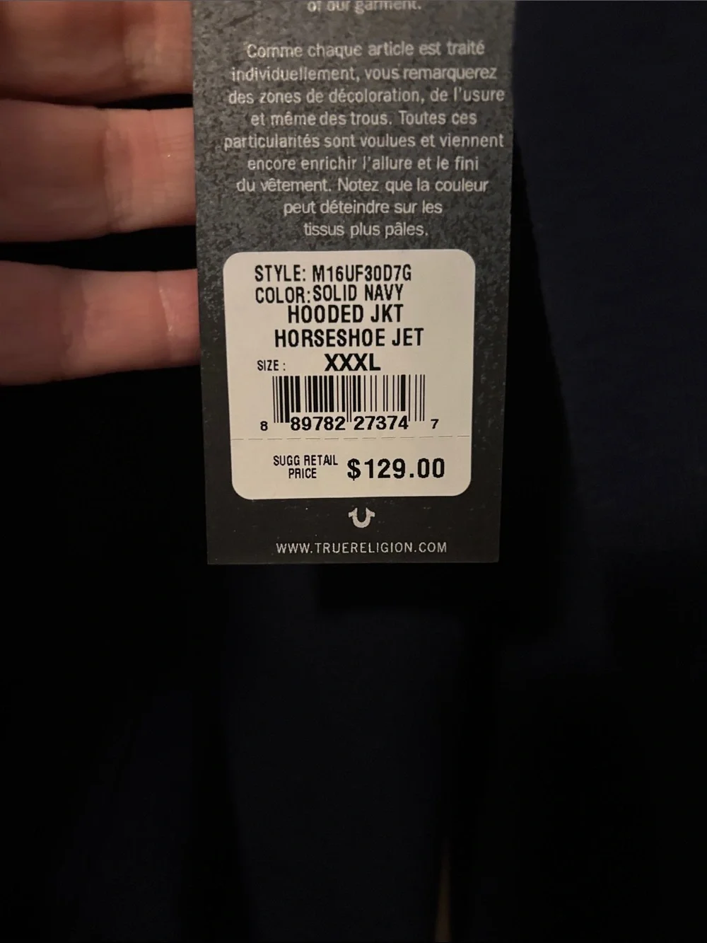 True Religion Navy Zip Front Hoodie with Gold Accents